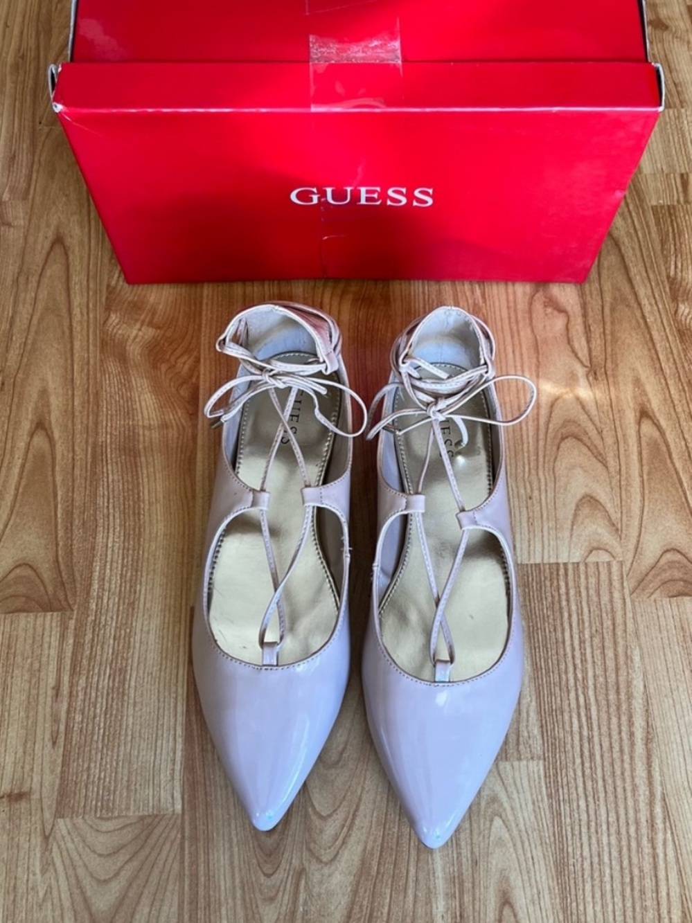 GUESS Women's Blush Patent Pointed Toe Lace-Up Flats with T-Strap